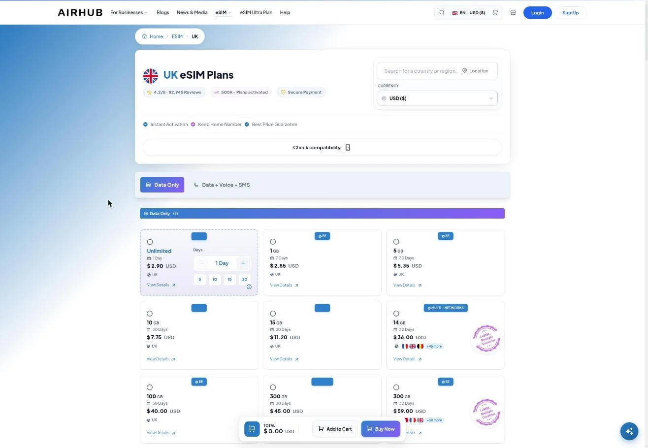 United Kingdom eSIM plans — data-only tier picker
