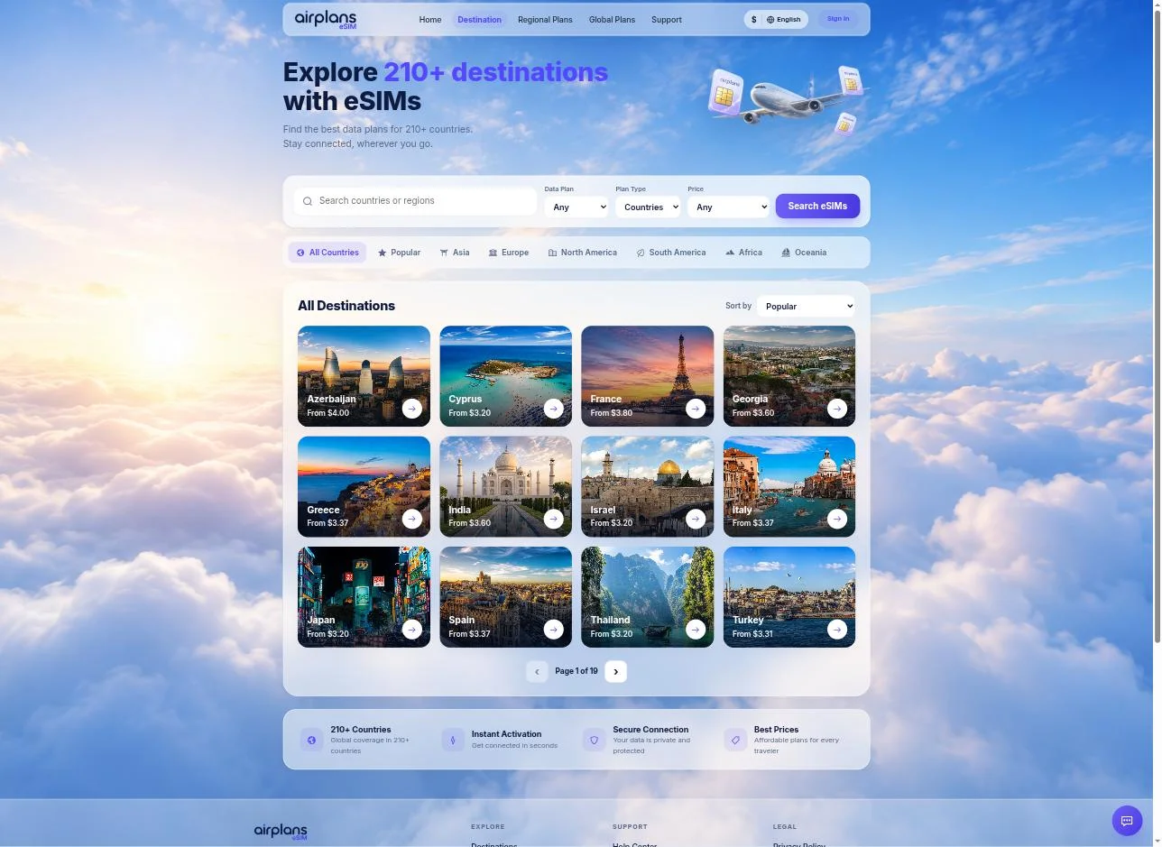 All destinations — 210+ countries with region filters and search