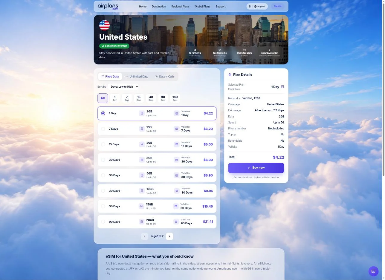 United States plan page — real Fixed Data/Unlimited/Data+Calls tiers, Verizon/AT&T networks