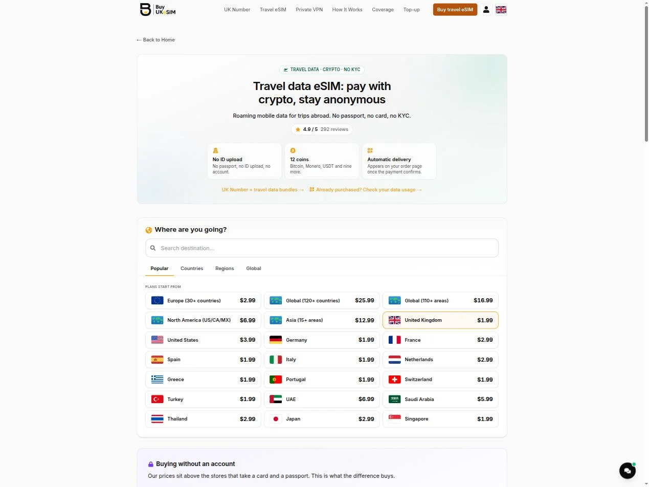 Travel eSIM destination picker