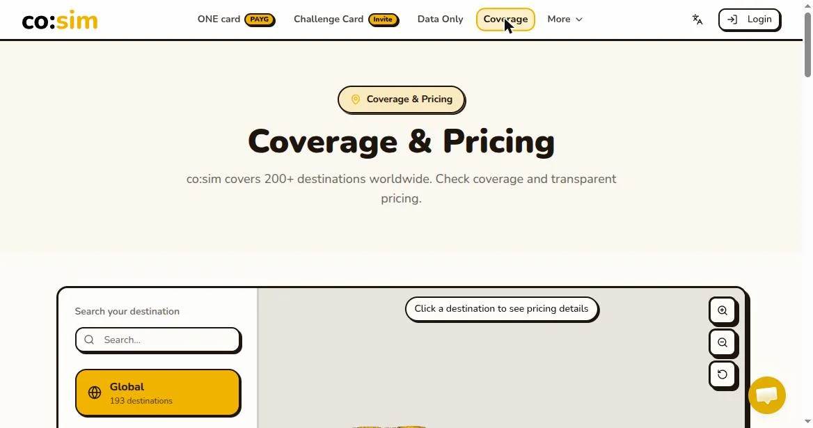 Coverage & pricing map (200+ destinations)