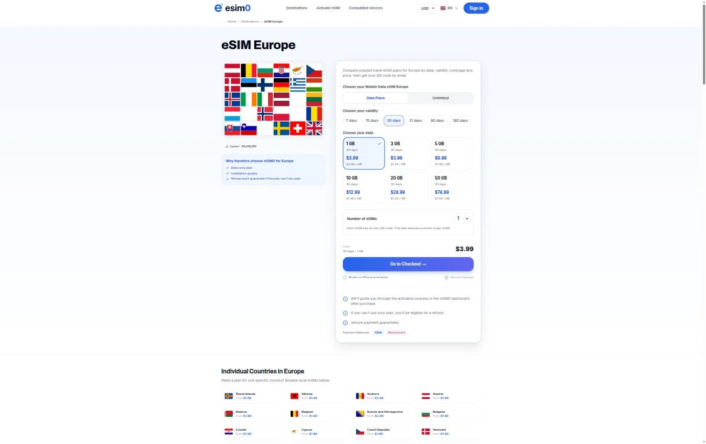 Europe — one regional eSIM across the covered countries, same validity/data picker, card checkout