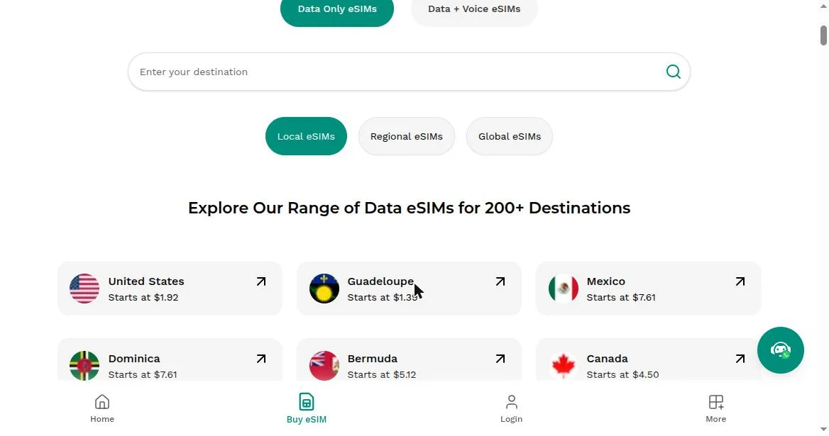 Full destination catalog (200+ countries)
