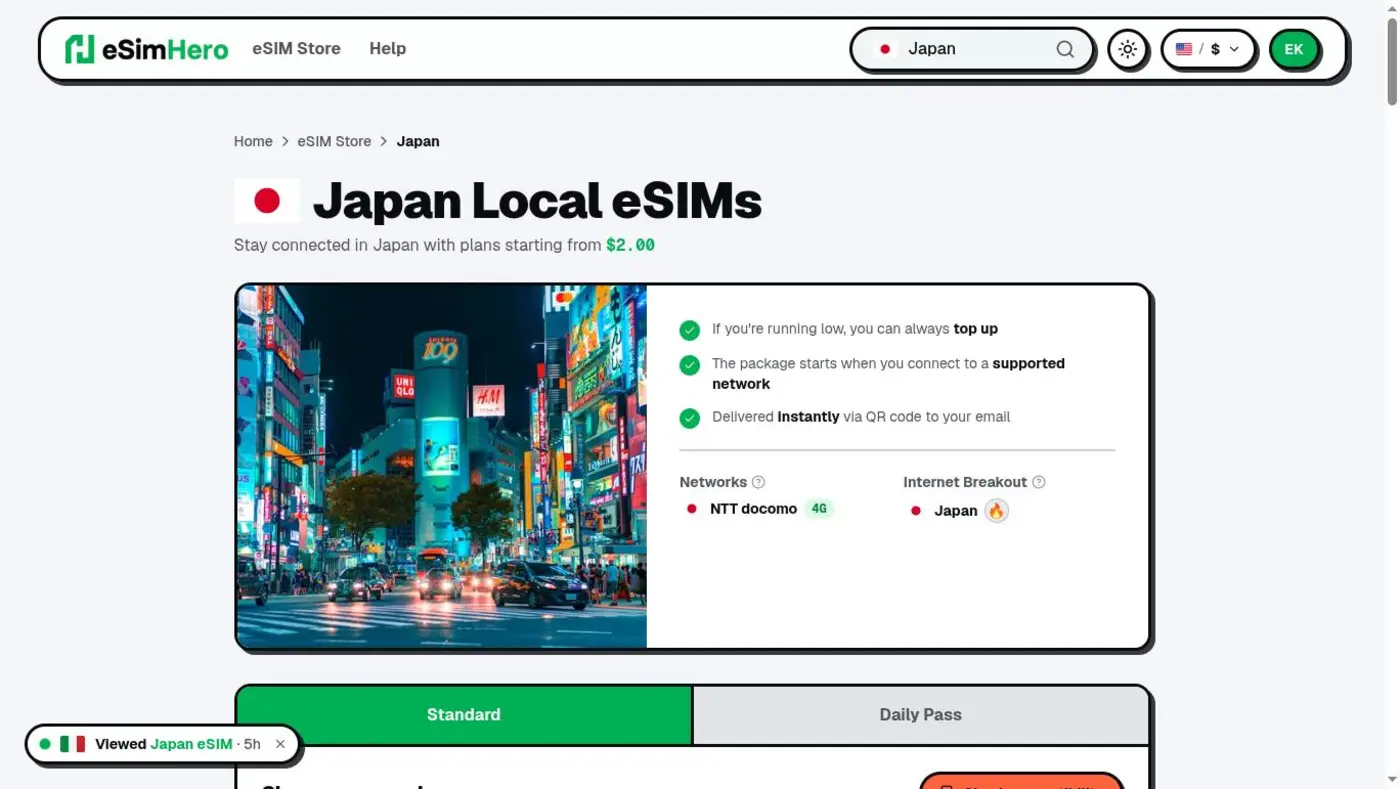 Japan local eSIM page — network, top-up and activation facts, Standard vs Daily Pass