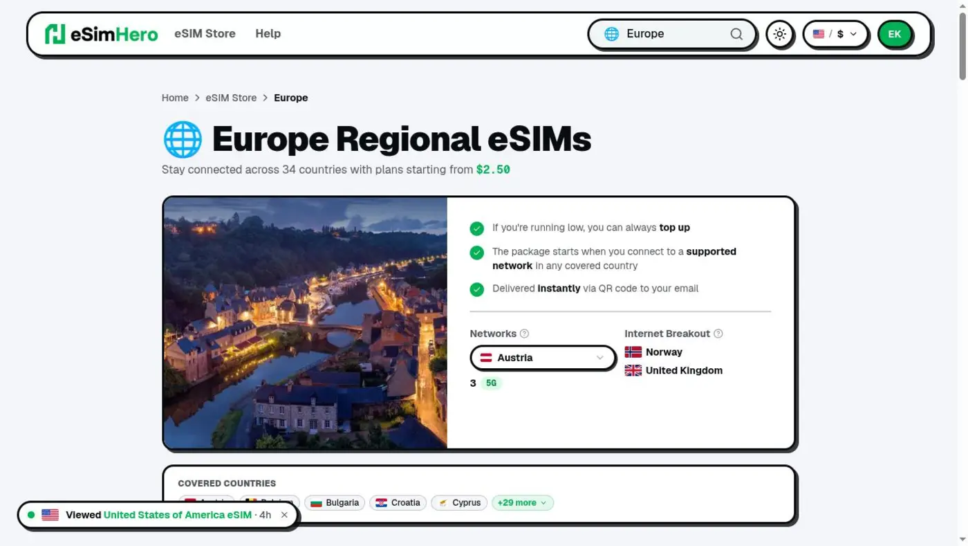 Europe regional eSIM — 34 covered countries, 5G networks, internet breakout