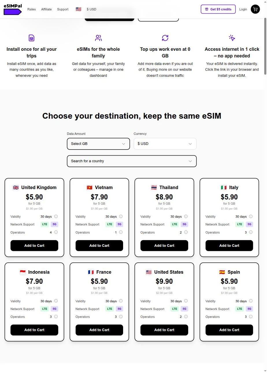 Choose your destination — real 8 popular countries incl. United States $9.90/5GB