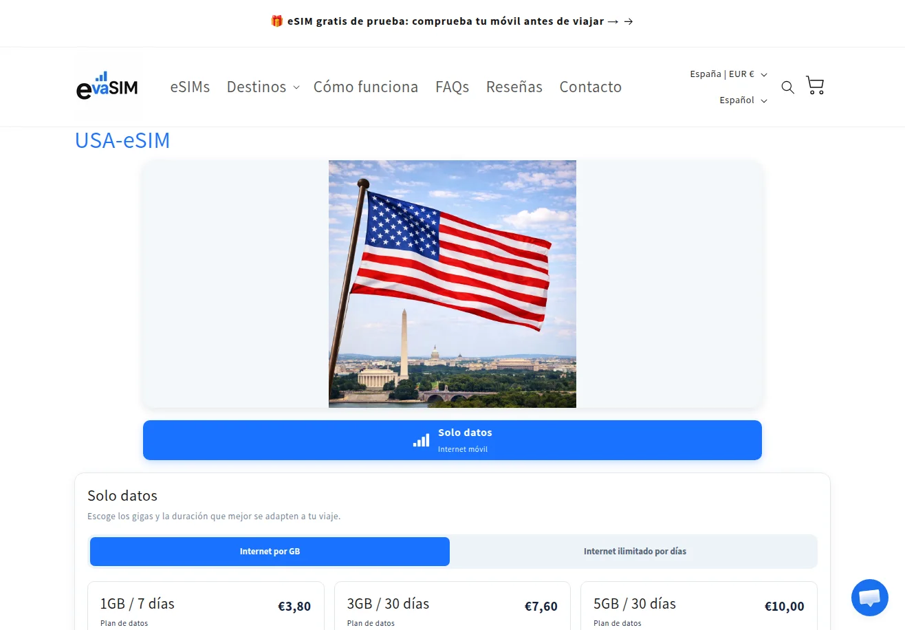 United States — data plans by GB (1GB to 50GB) or unlimited by days, priced in euros