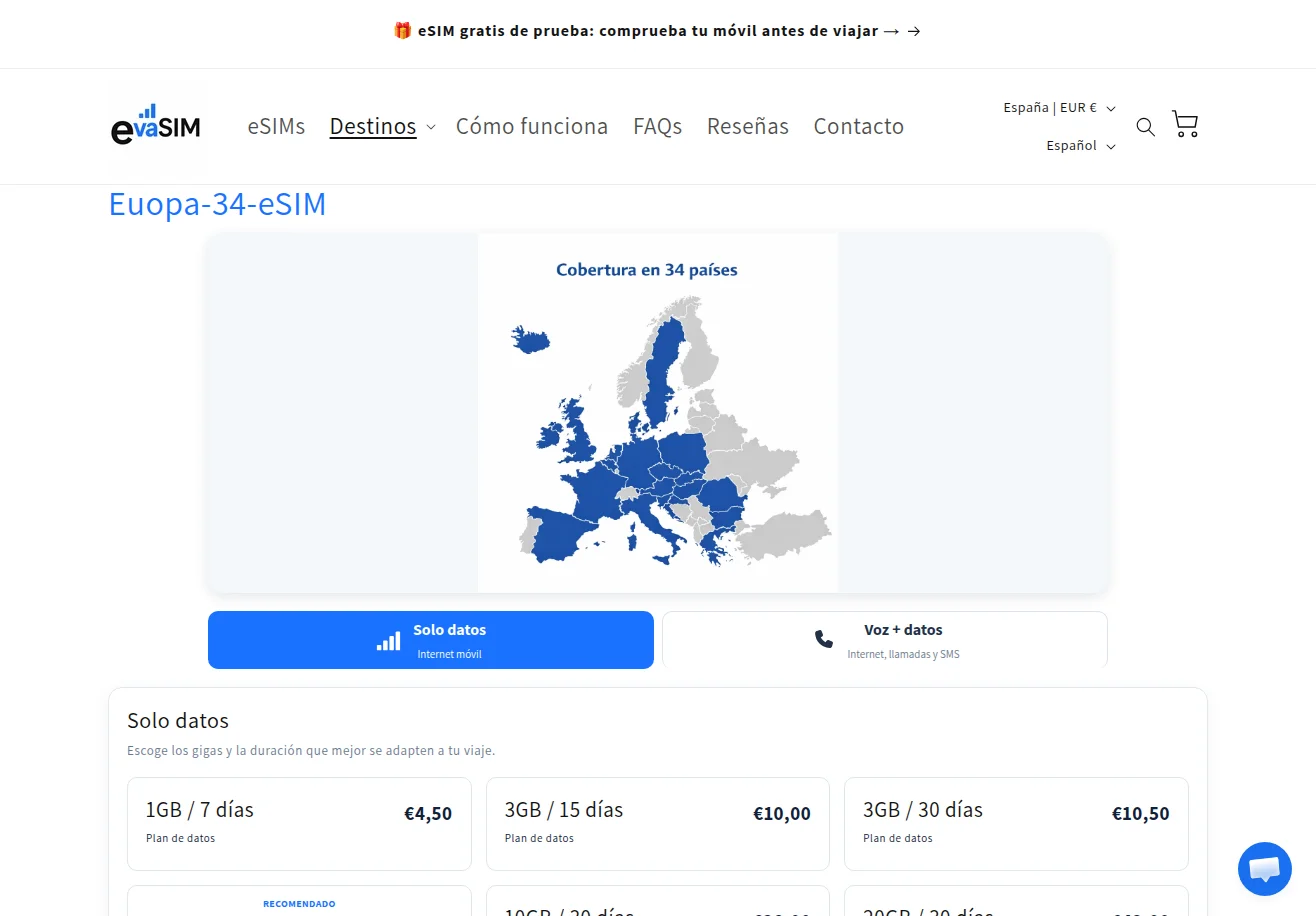 Europe 34 — one eSIM for 34 countries, as data only or Voice + data with a French number