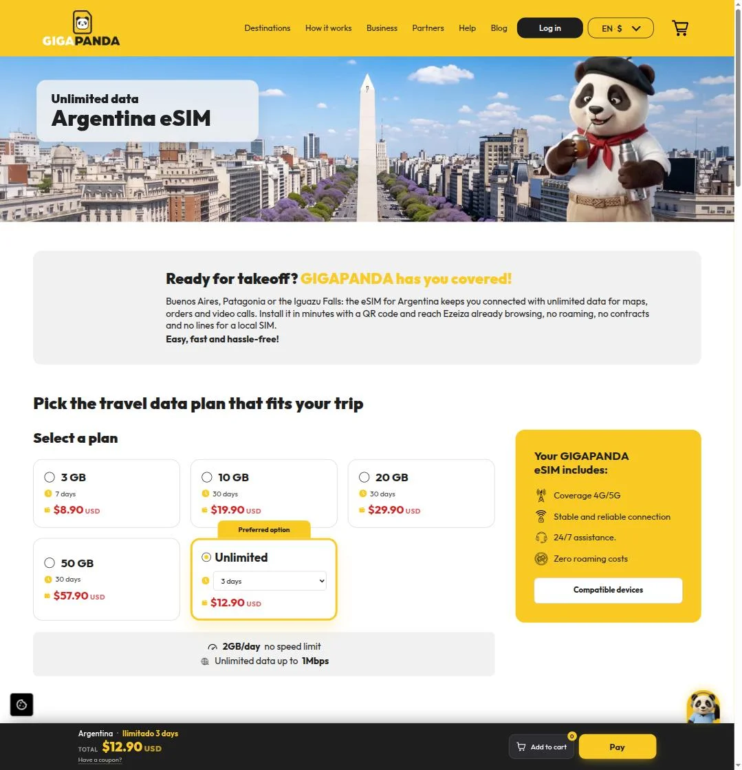 Argentina eSIM plans — Gigapanda's own real #1 popular destination