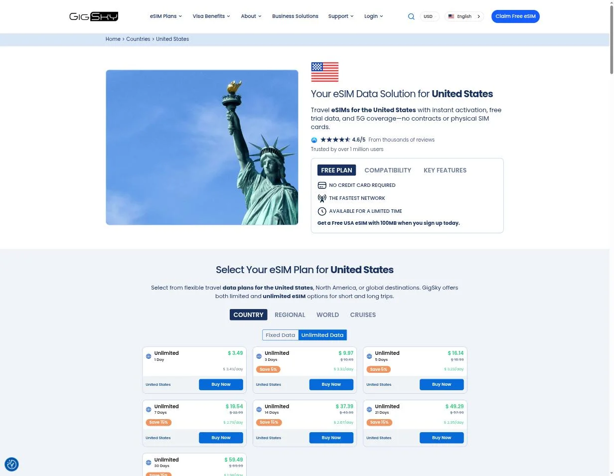 Real United States plan tiers, COUNTRY/REGIONAL/WORLD/CRUISES tabs