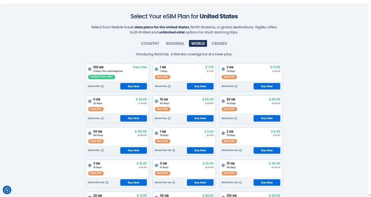 Real World-plan tiers (regional/global roaming, 200+ countries)