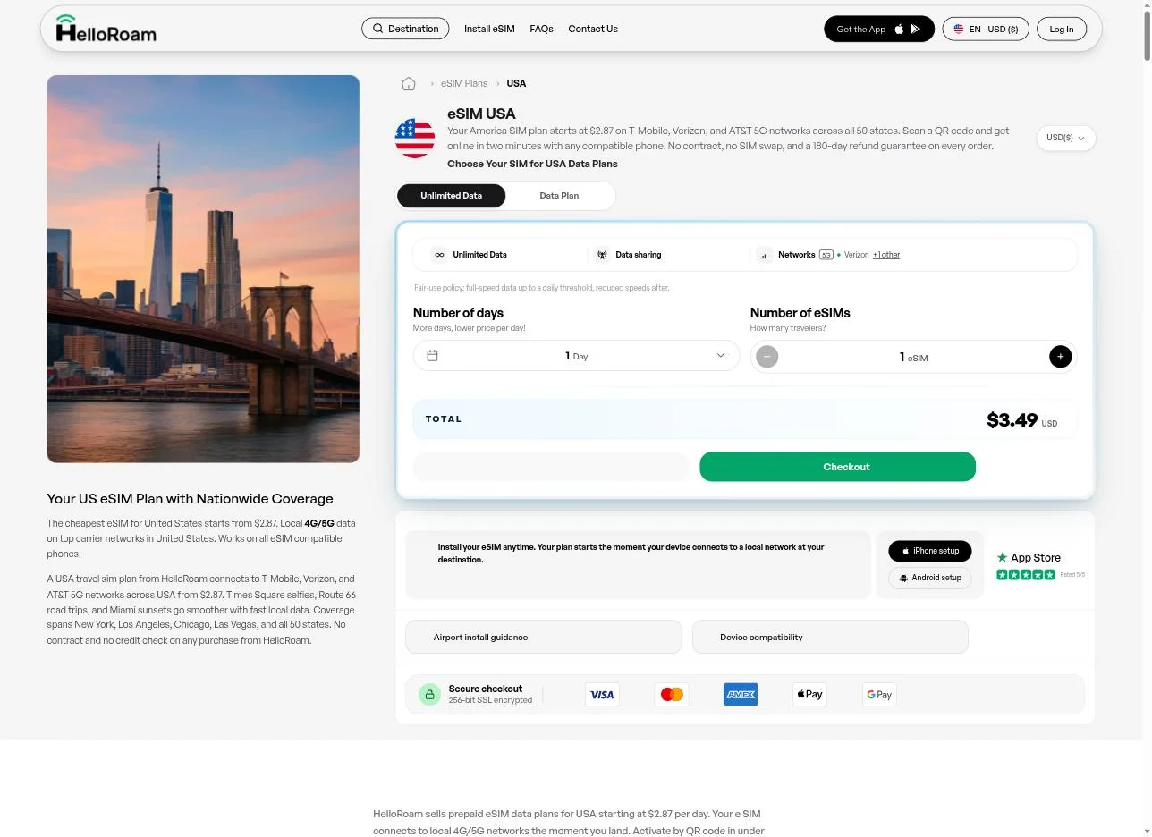 USA plan page — real checkout total and network list