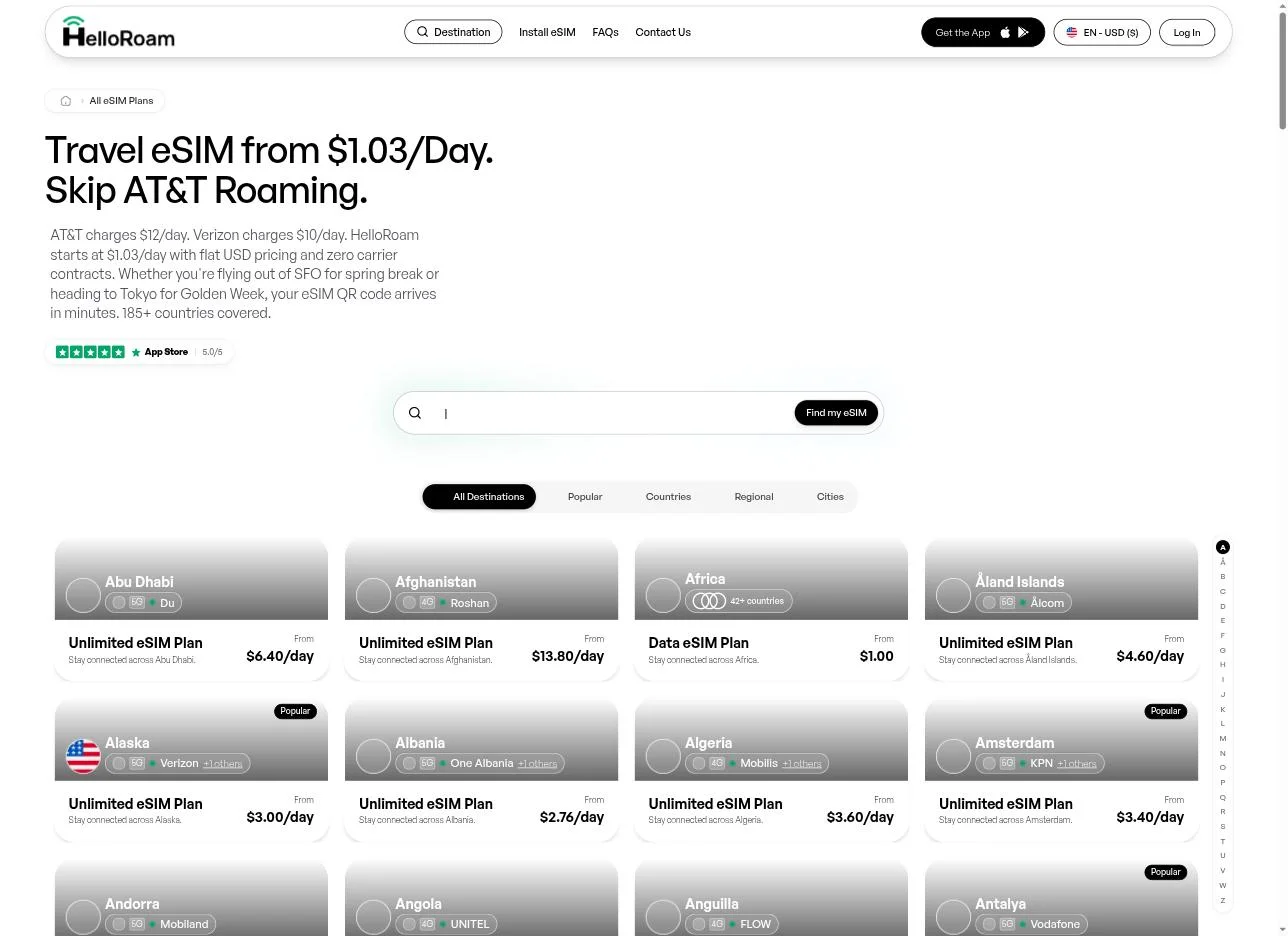 All destinations — 185+ countries, cities and regional bundles