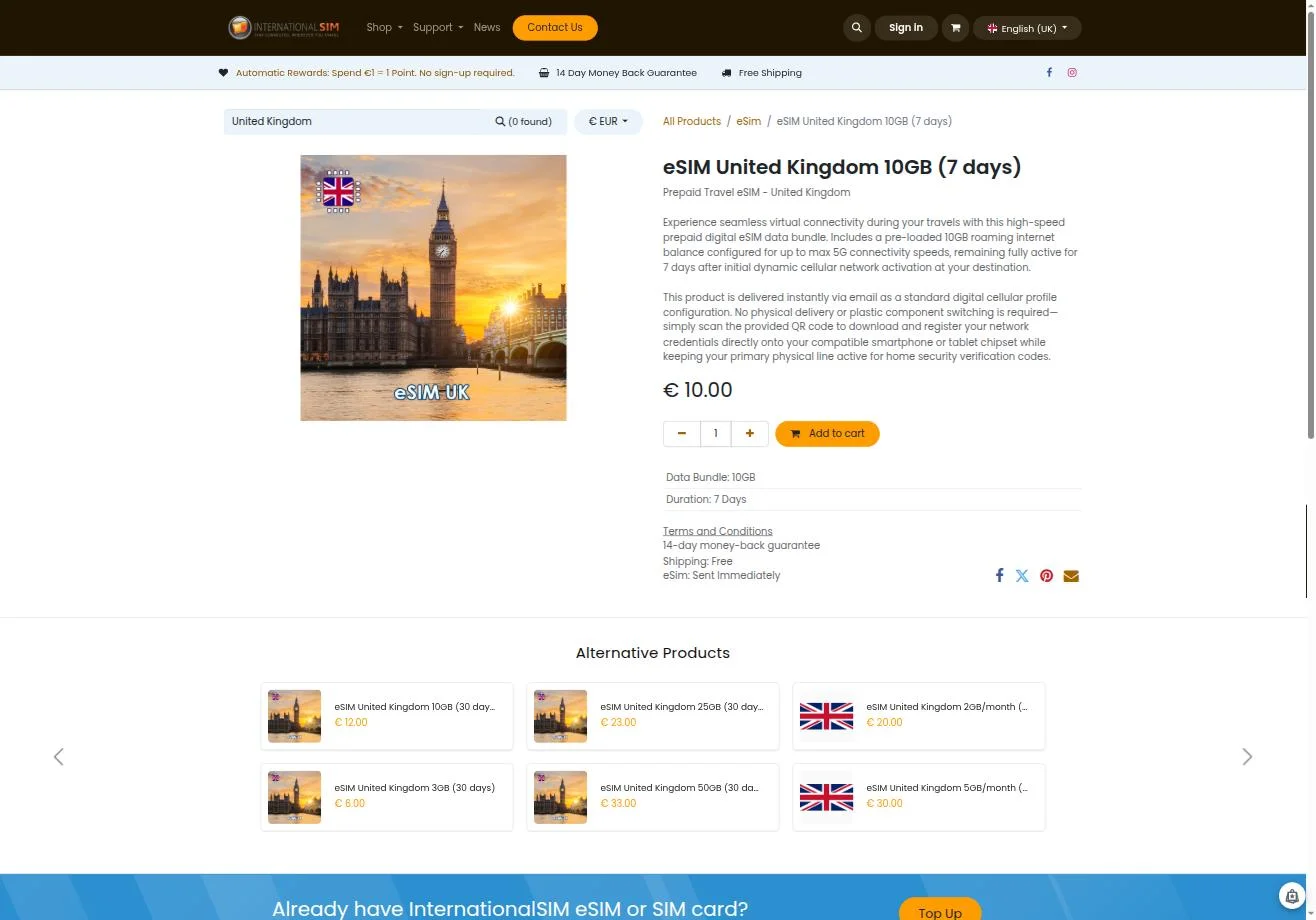 eSIM United Kingdom 10GB (7 days) product page