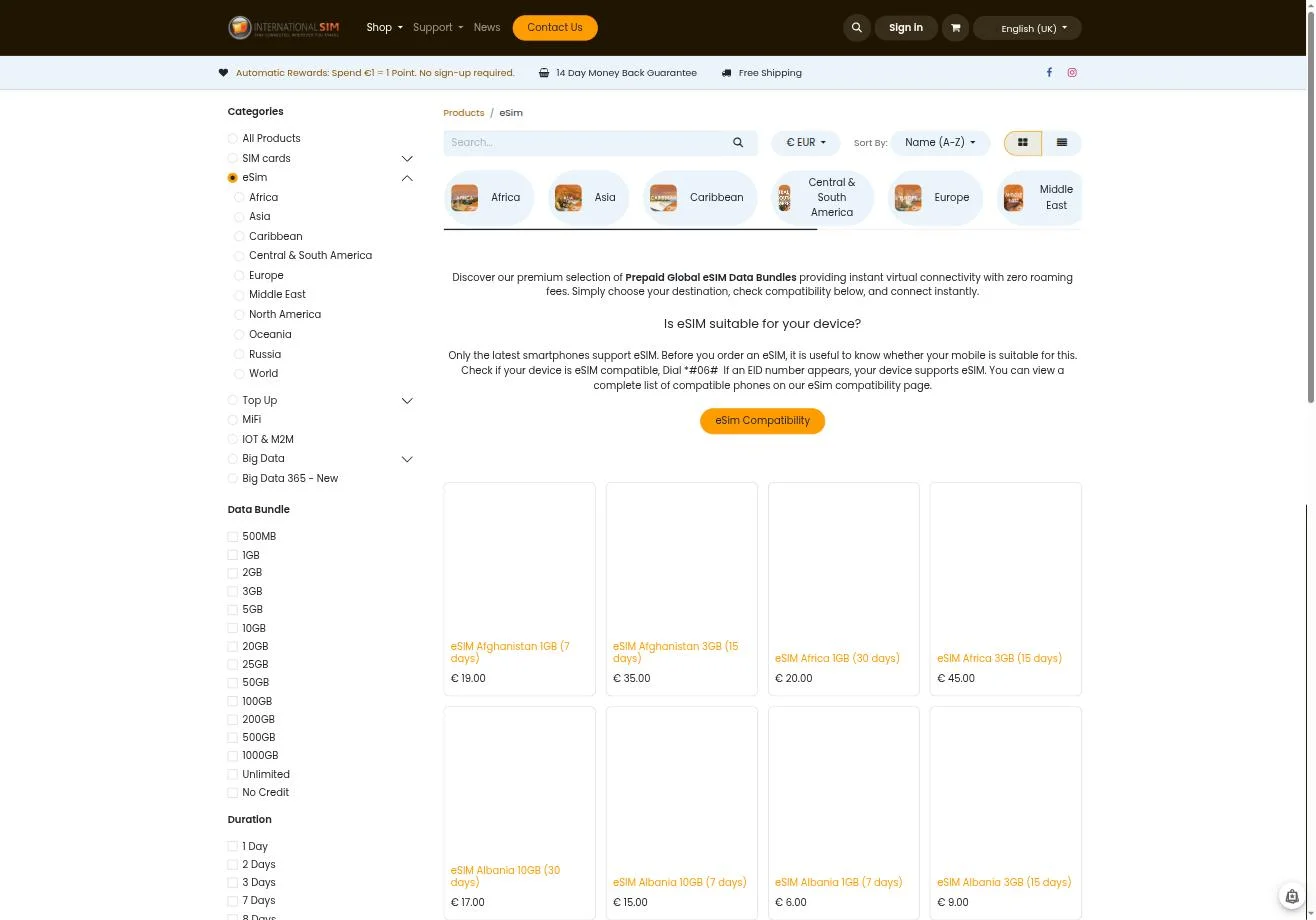 eSIM category listing — browse by region