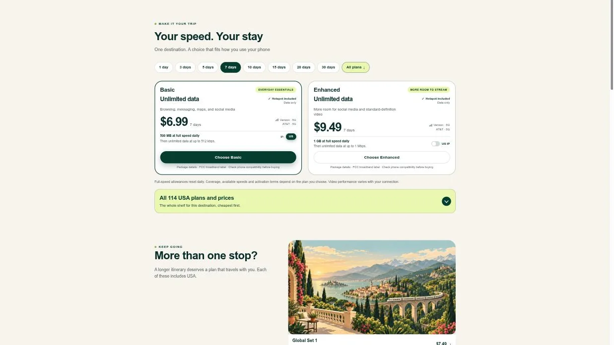 USA — pick the days, then Basic (500 MB/day, then 512 kbps) or Enhanced (1 GB/day, then 1 Mbps); hotspot included