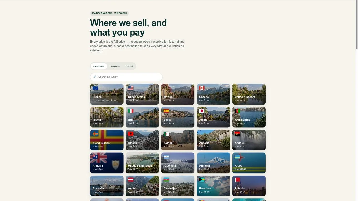 Destinations and prices — 204 destinations and 37 regions, full price shown with no subscription or activation fee