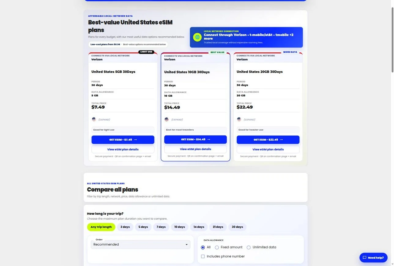United States — best-value picks on Verizon, with total price, data and validity on every card