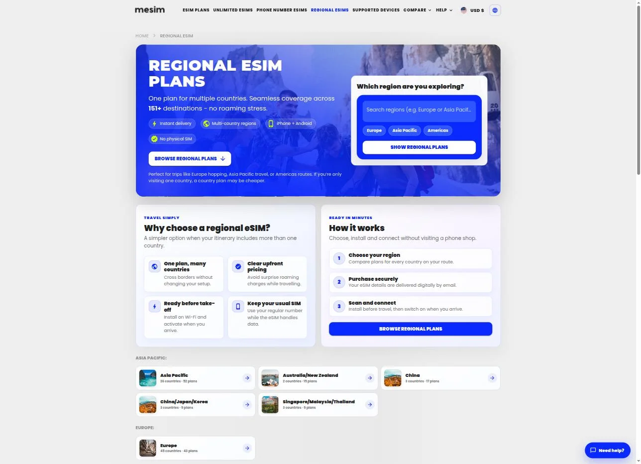 Regional eSIMs — one plan across Asia Pacific, Europe, the Americas and more