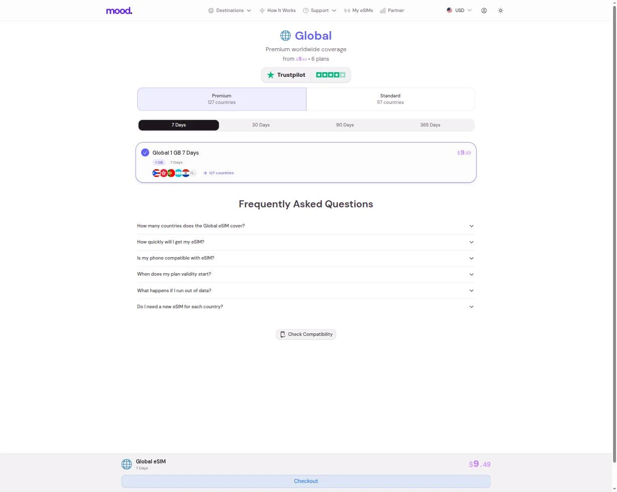 Global eSIM plan covering 127+ countries