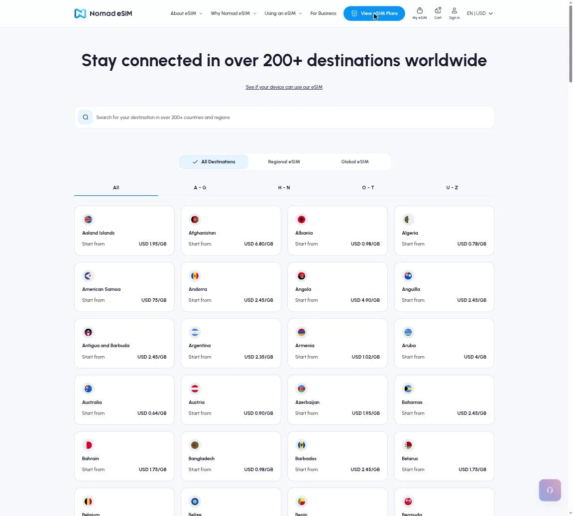 All Destinations listing
