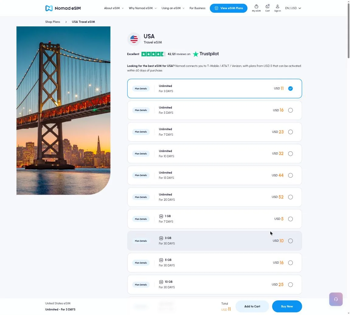 United States plan page — Unlimited and fixed-GB tiers