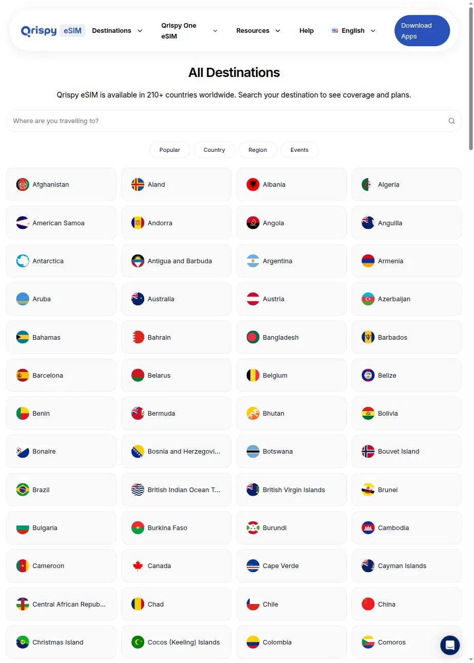 All Destinations — 210+ countries and regions