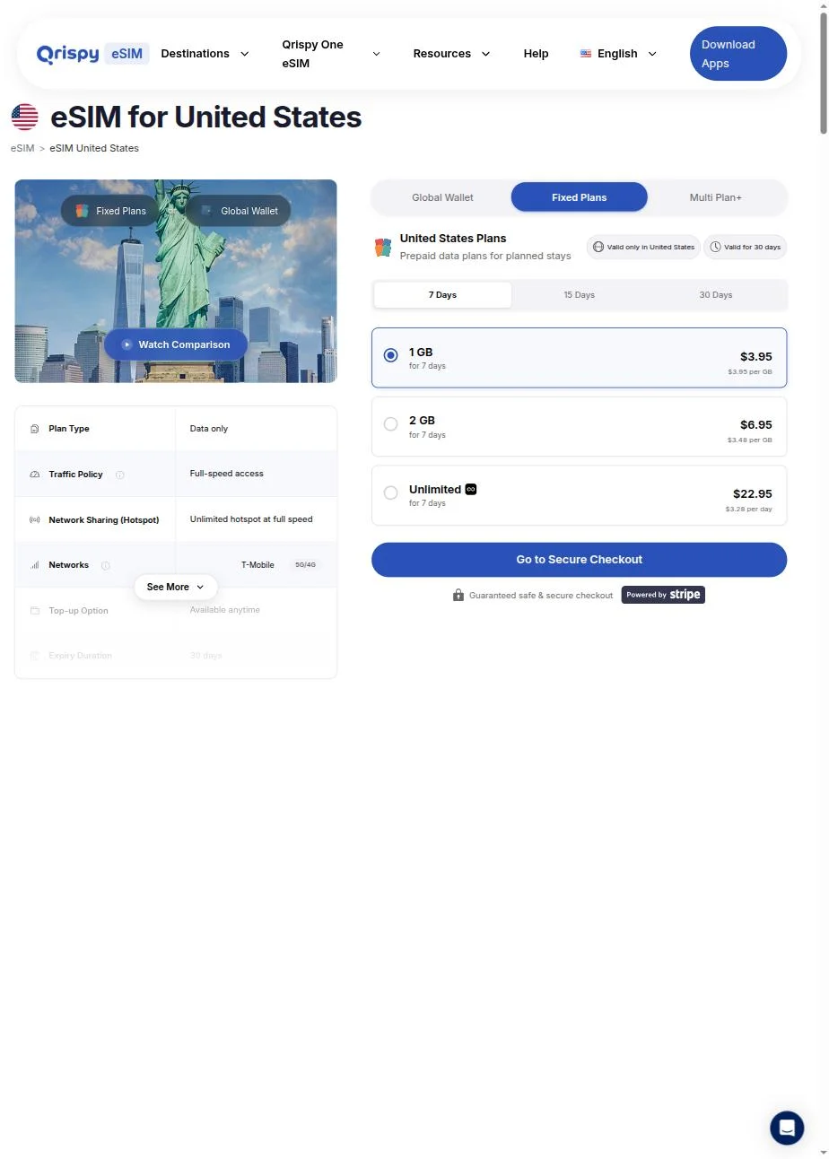 United States plan page — real Fixed Plans tiers, T-Mobile network, spec table