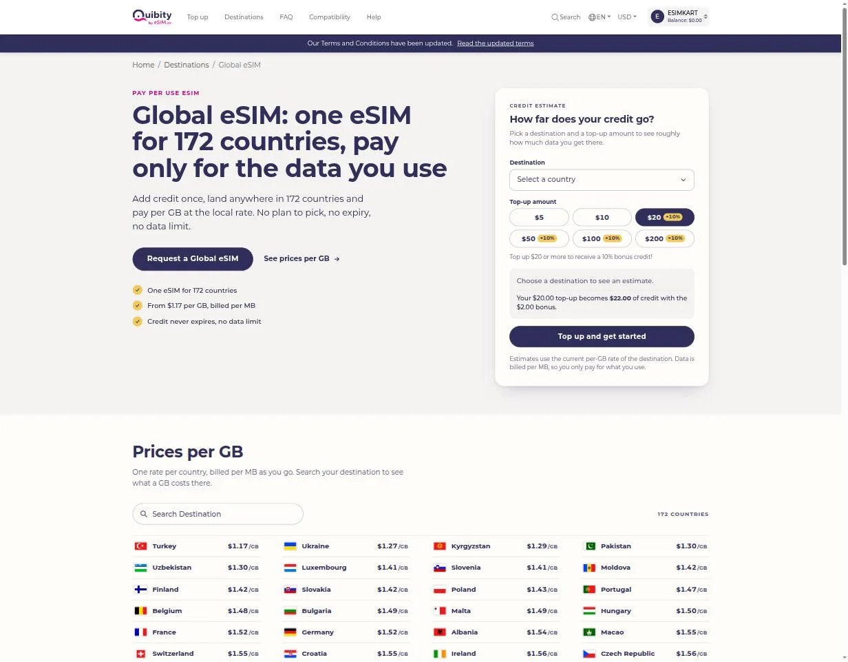 Global eSIM — pay-per-use pricing