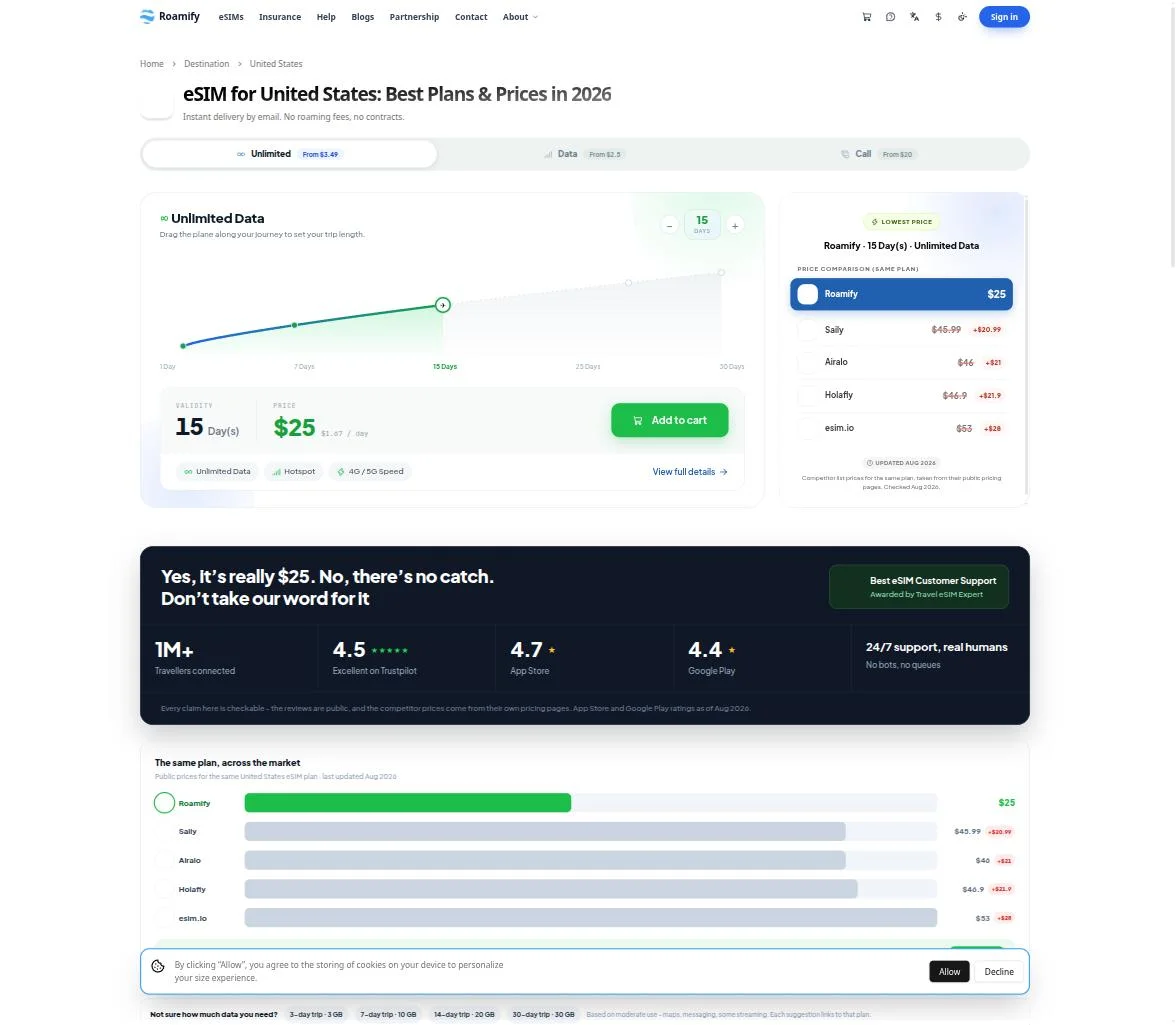United States plan page — real competitor price comparison table