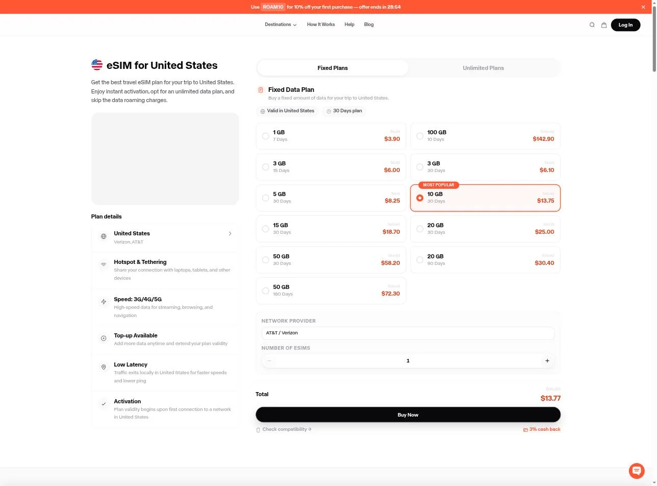 United States eSIM plan page — Fixed Plans
