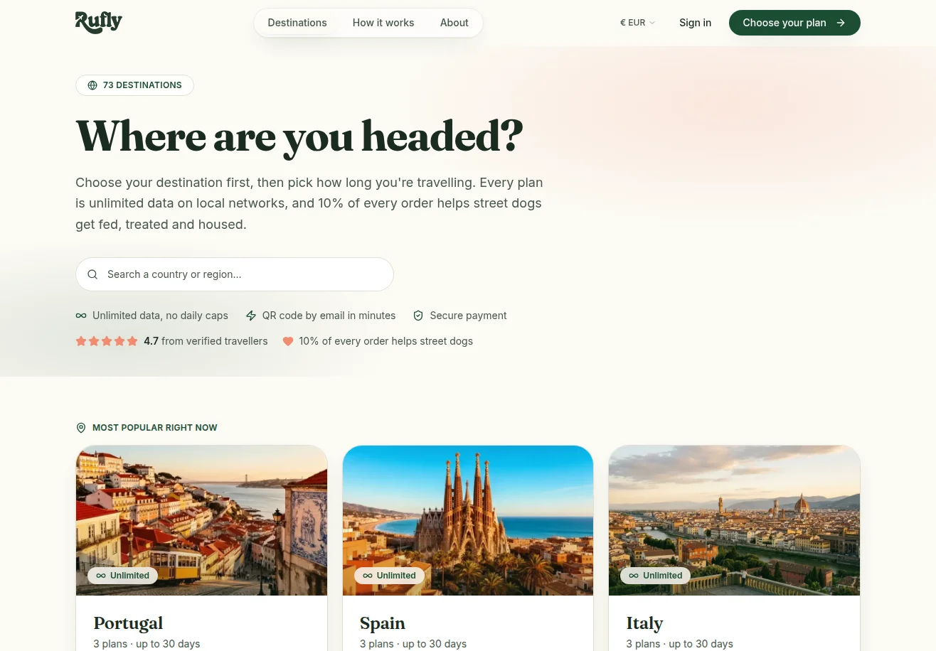 All destinations — choose the country first, then how long you are travelling
