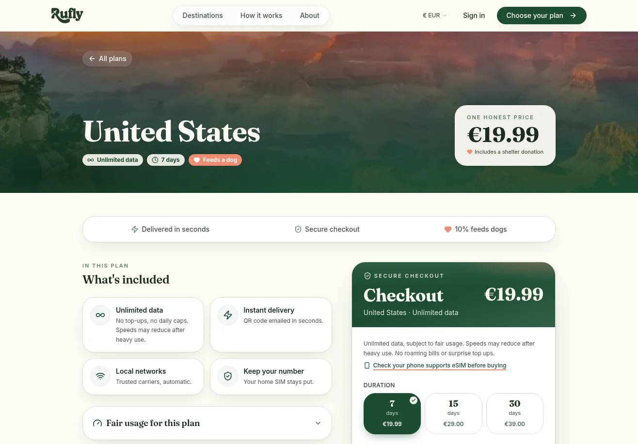 United States 7-day plan — one price, the plan details and a fair-usage section before checkout