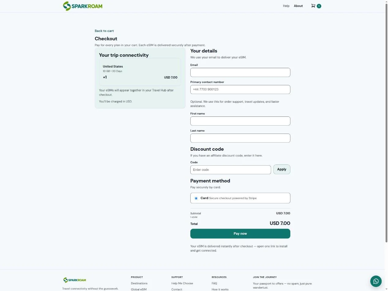 Checkout — real discount code field for the ESIMKART5 exclusive code