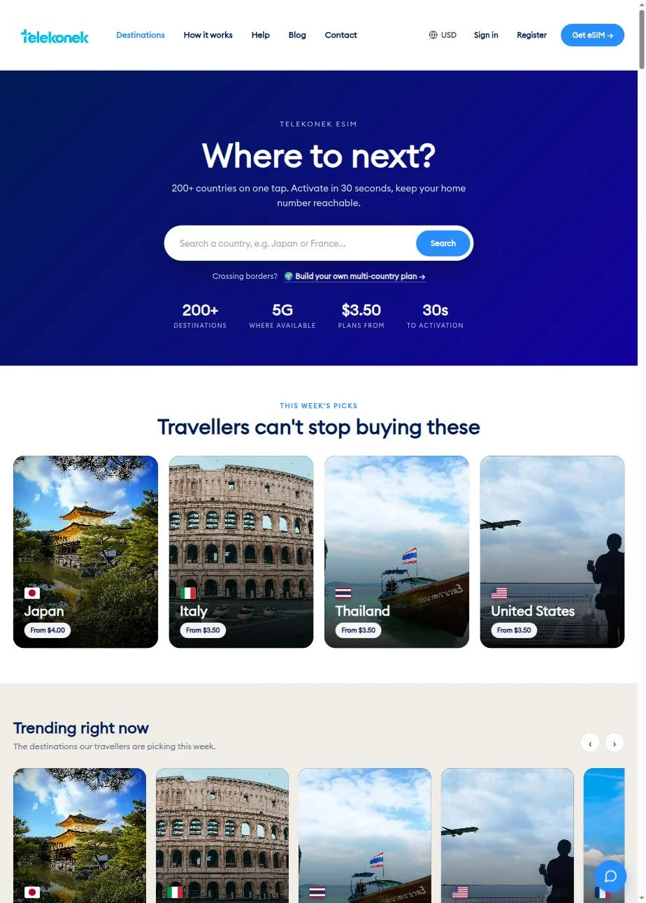 Destinations — This week picks real featured countries incl. United States