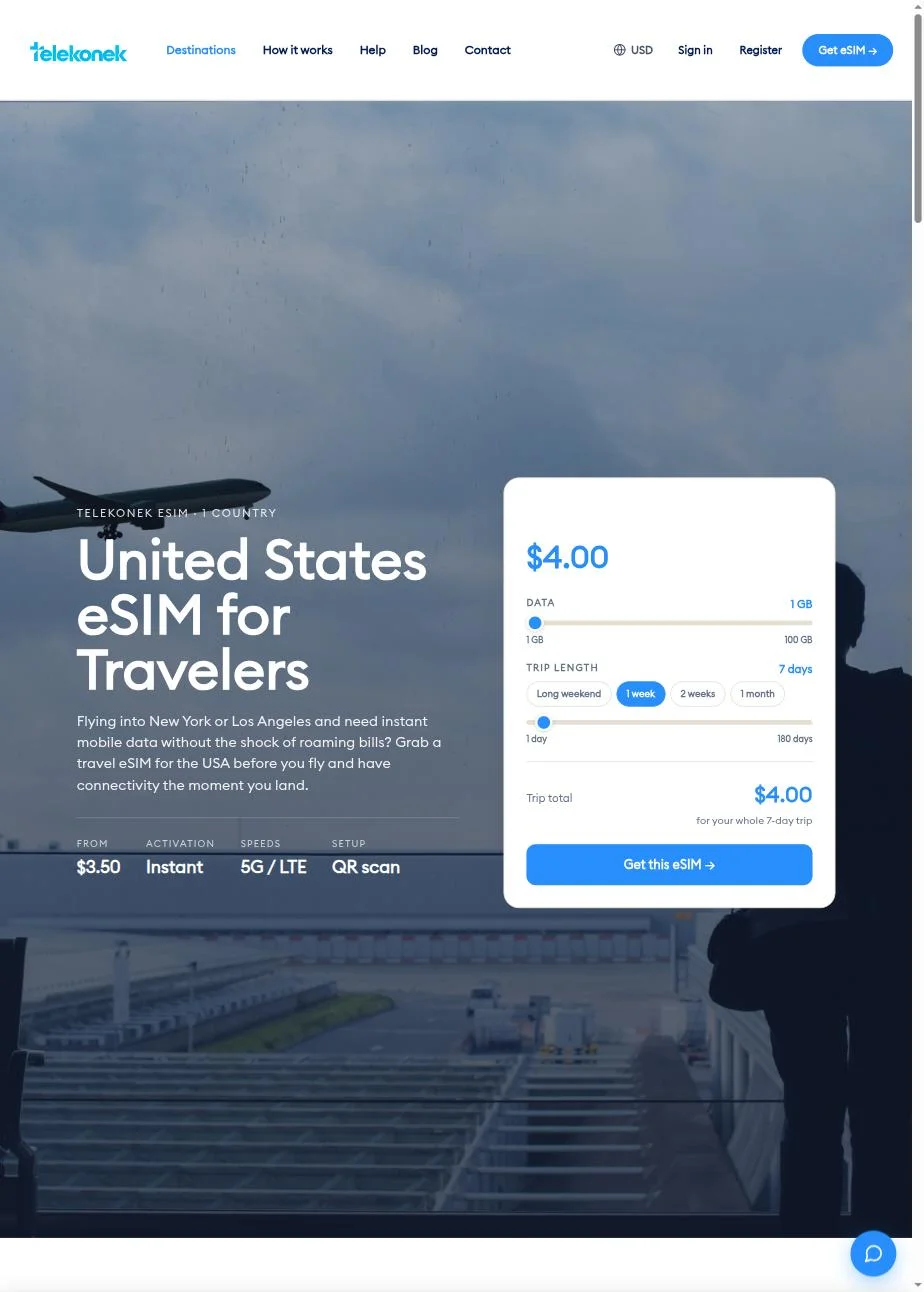 United States eSIM — real data/trip-length slider pricing tool