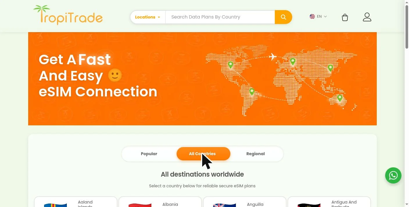 All destinations worldwide, A-Z listing with region tabs