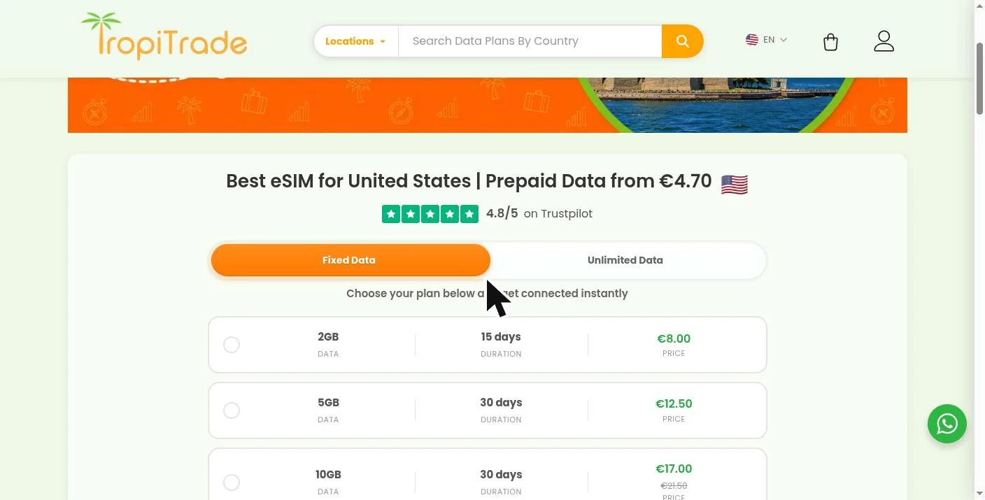 United States eSIM plan page — real 4.8/5 Trustpilot rating, fixed-data tiers