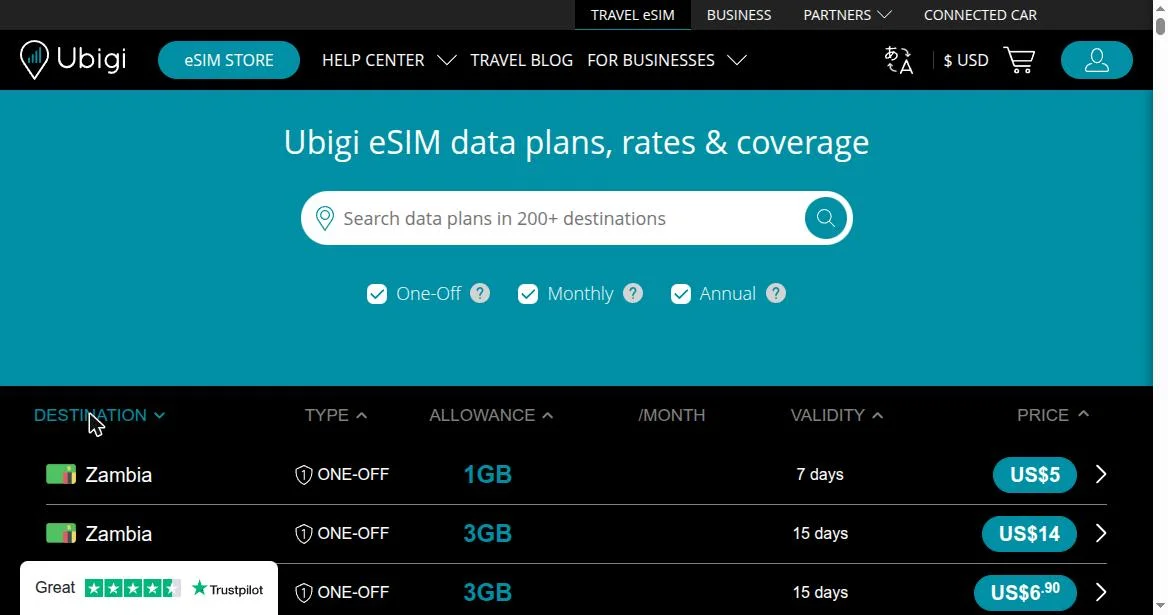 Full coverage and pricing table (200+ destinations)