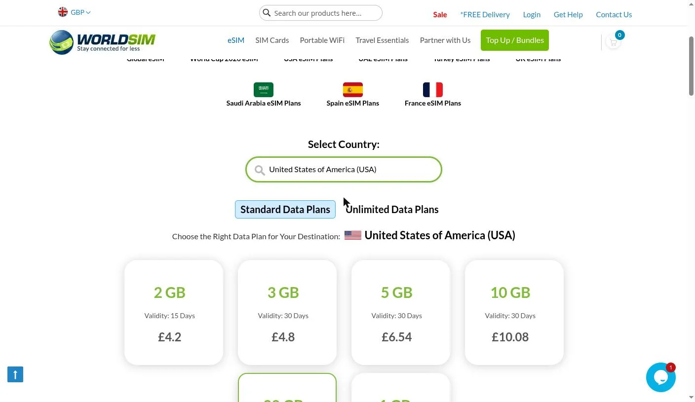 eSIM Connect plans — United States tiers with Standard/Unlimited toggle and country search