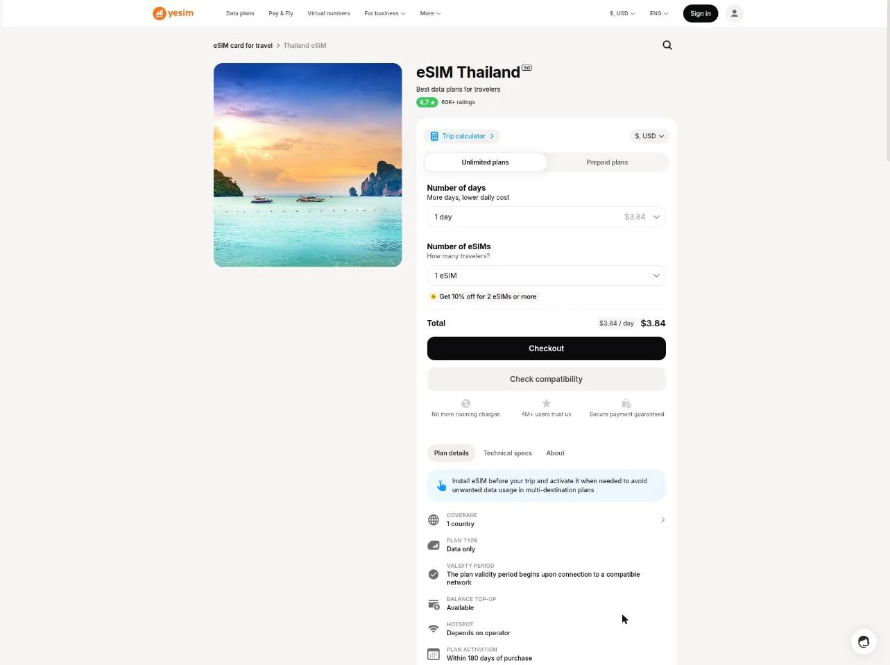 Real Thailand plan page: trip calculator and full plan specs