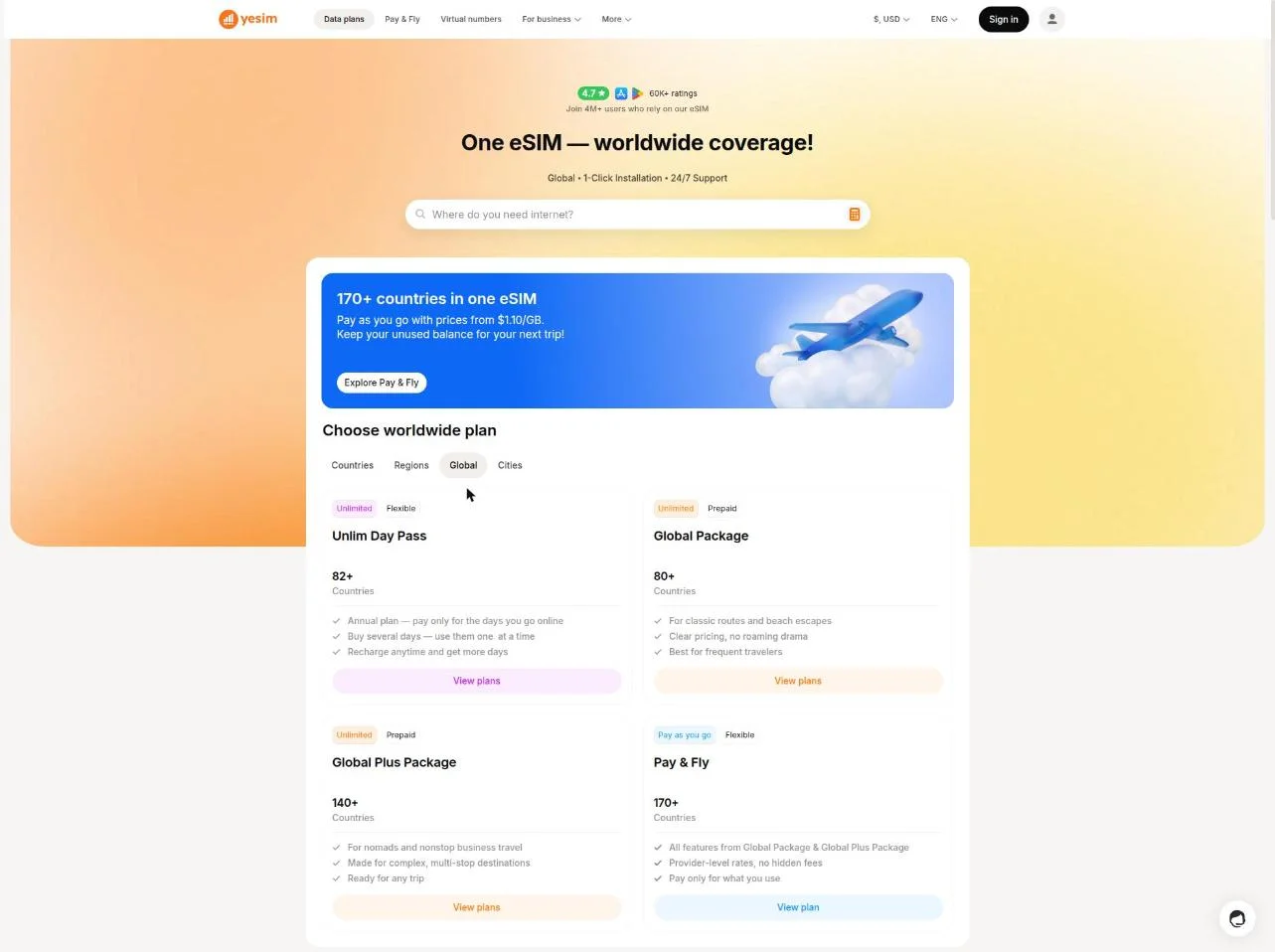 Real Global plans page: Unlim Day Pass / Global Package / Global Plus / Pay & Fly tiers