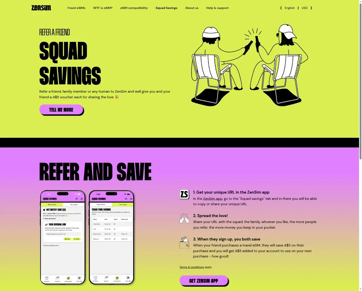 Squad Savings — ZenSim's own on-site referral program (A$5 vouchers, separate from our affiliate code)