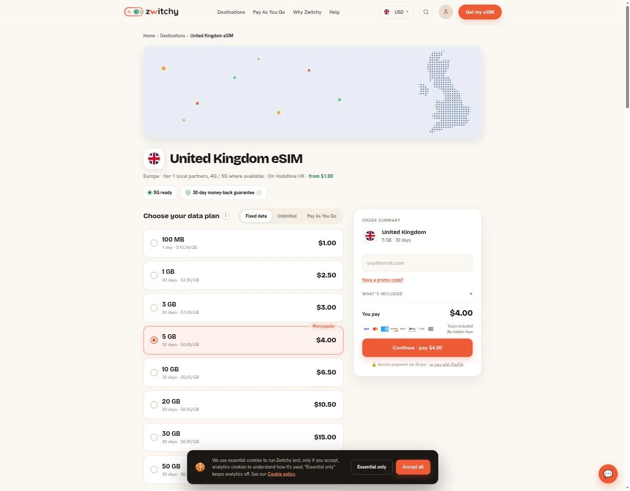 United Kingdom eSIM plans and checkout